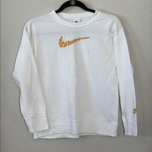Nike White Sweatshirt with Floral Gold Swoosh. Girls size Large
